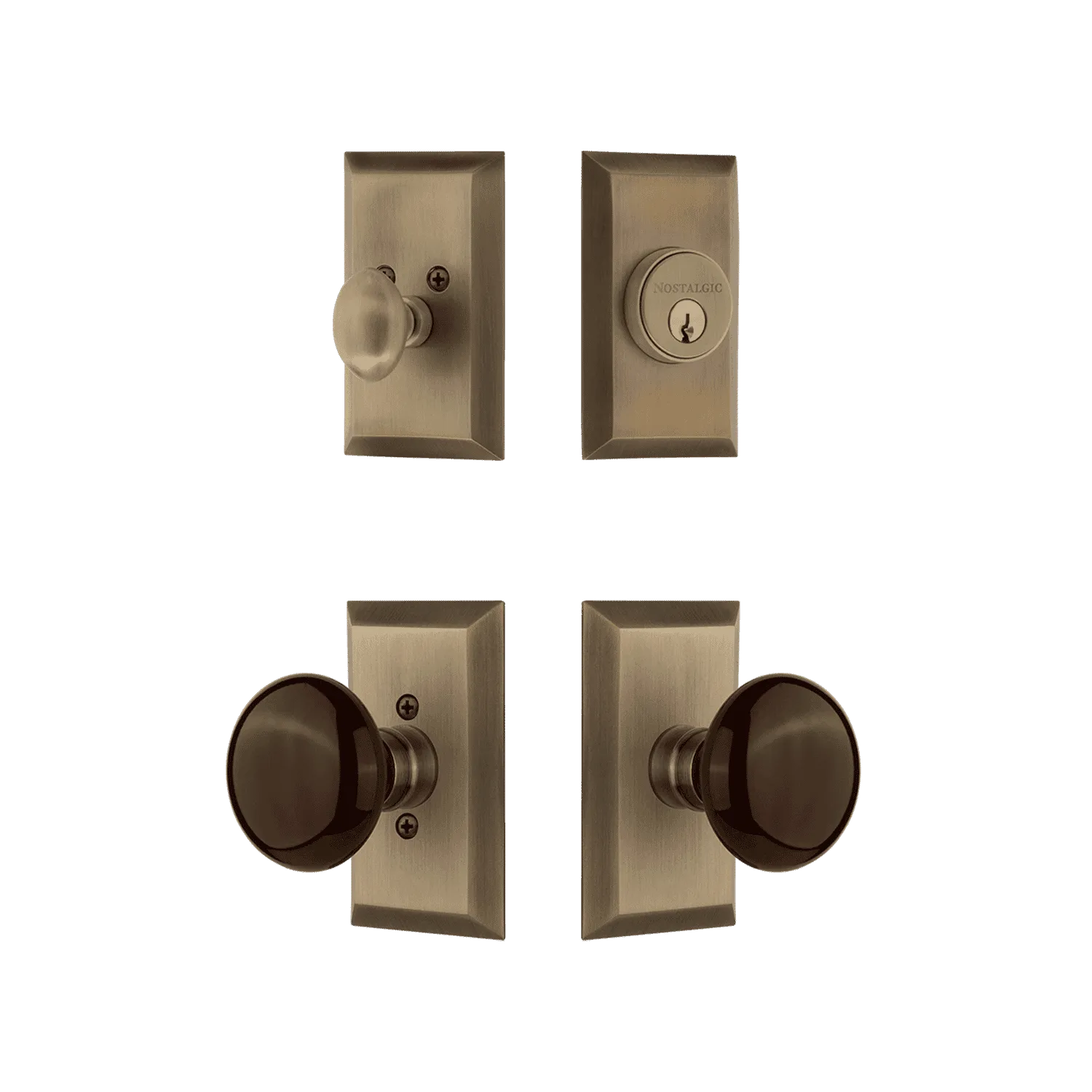 Studio Entry Set with Brown Porcelain Knob in Antique Brass