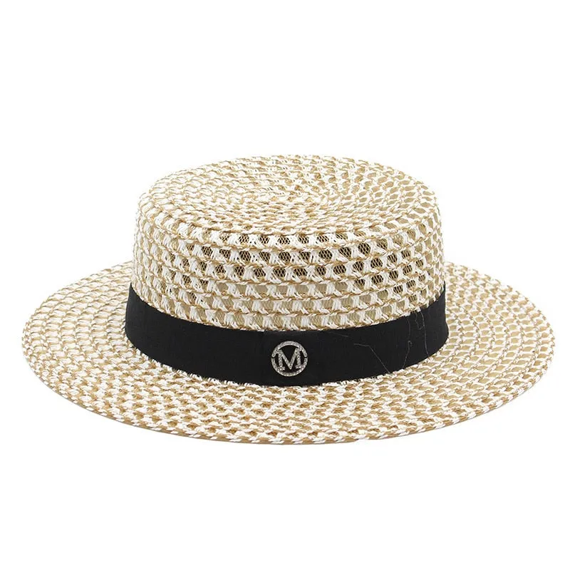 Summer Sun Hat letter M Straw Hat Visor Temperament Flat Panama Hats