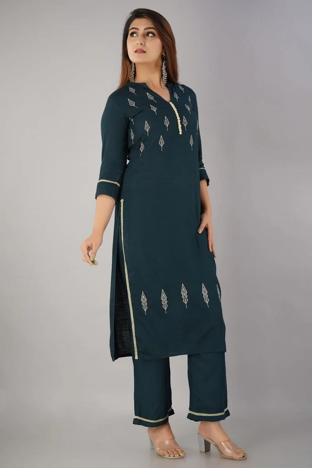 SVARCHI Women's Rayon Slub Embroidered Straight Kurta & Palazzo Set (Bottle Green)