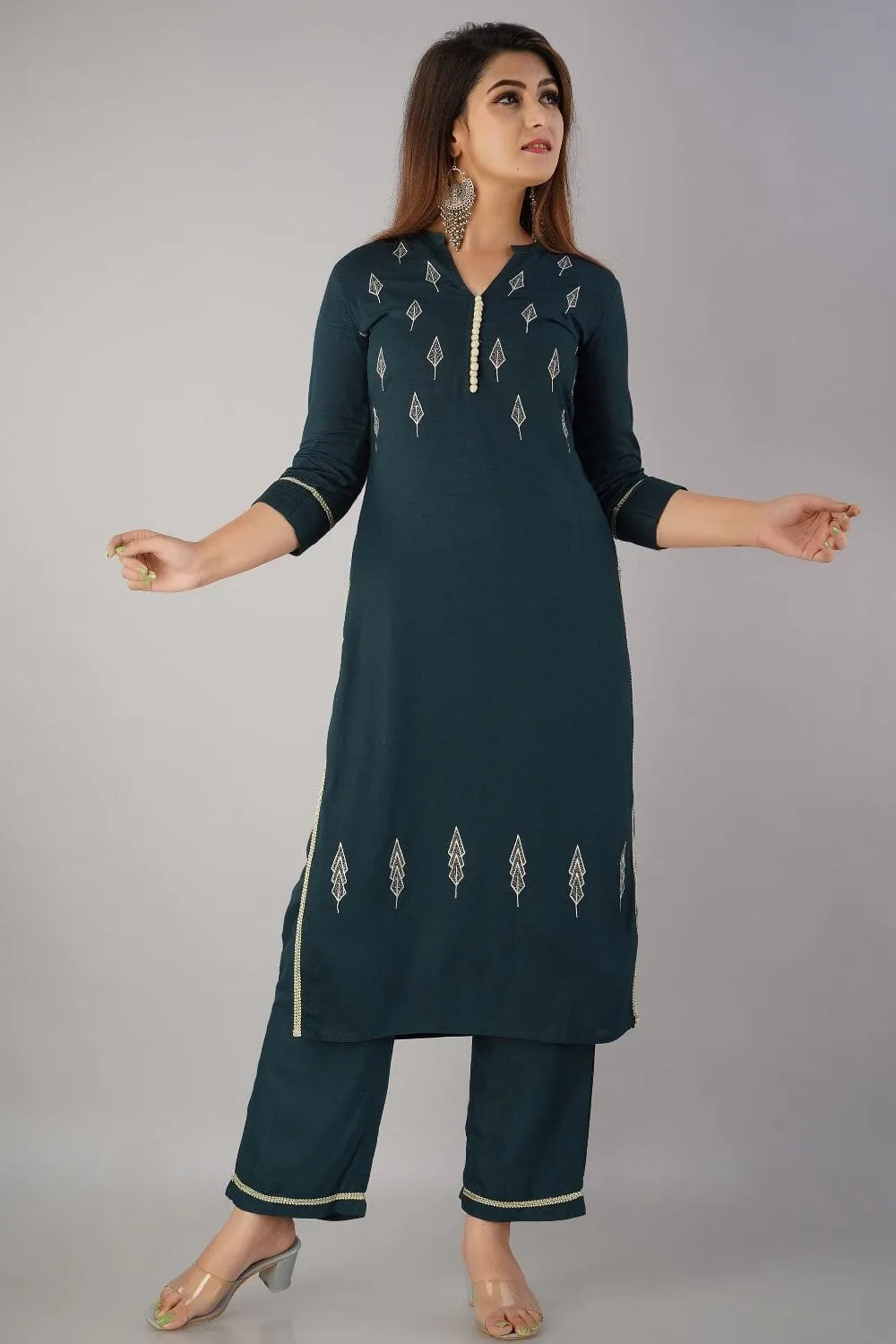 SVARCHI Women's Rayon Slub Embroidered Straight Kurta & Palazzo Set (Bottle Green)