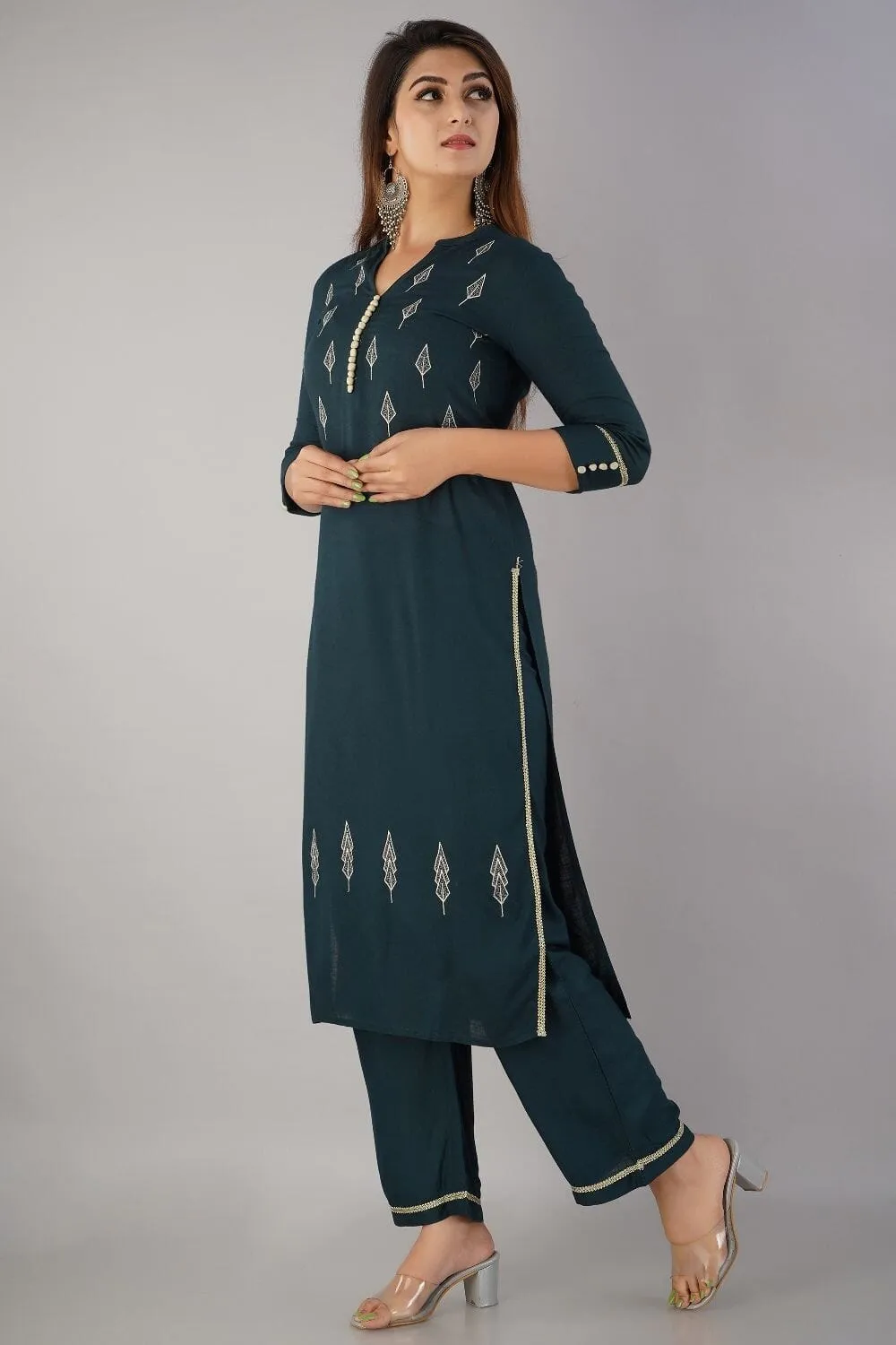 SVARCHI Women's Rayon Slub Embroidered Straight Kurta & Palazzo Set (Bottle Green)