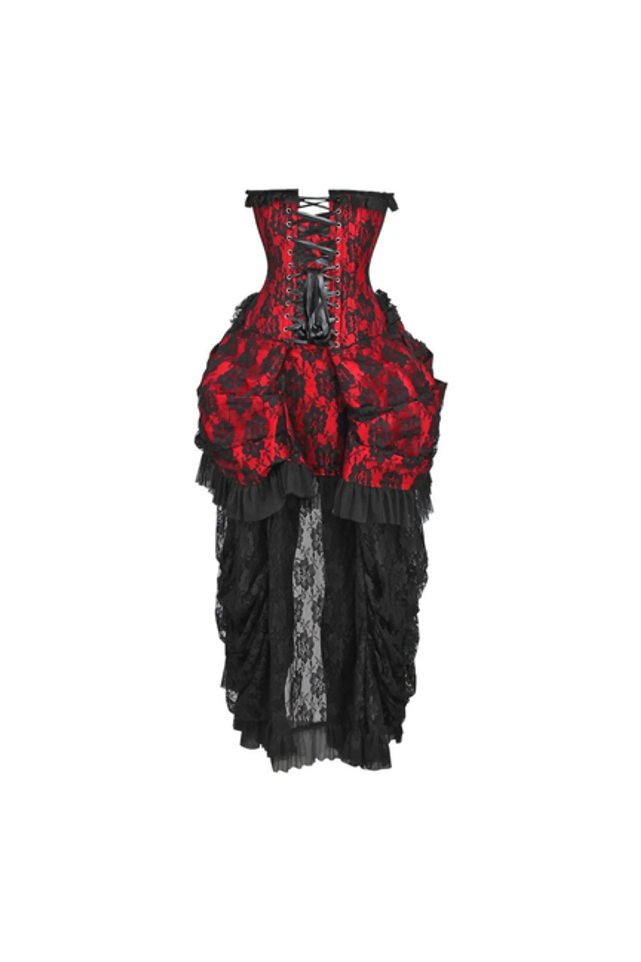 Top Drawer Steel Boned Red with Black Lace Bustle Corset Dress