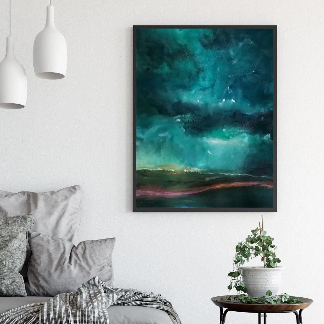 Vertical green & pink abstract landscape wall art print