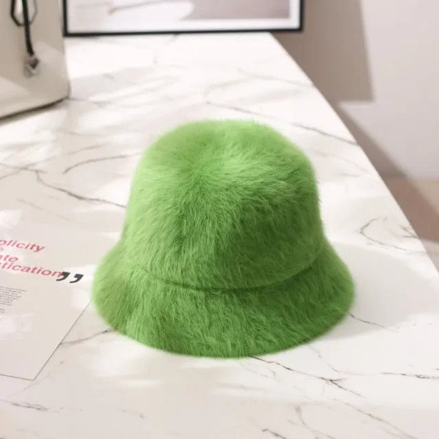 Winter Women Solid Color Fur Hat Bucket Cap Fisherman Hat Bucket Hat