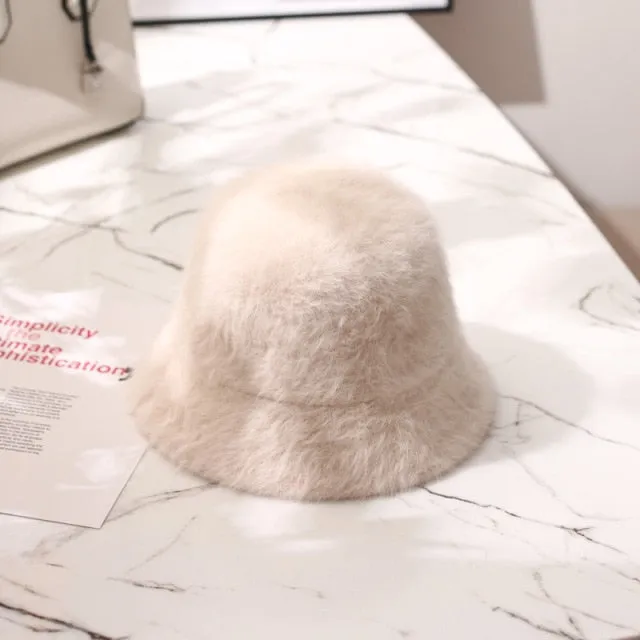 Winter Women Solid Color Fur Hat Bucket Cap Fisherman Hat Bucket Hat