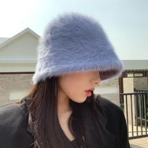 Winter Women Solid Color Fur Hat Bucket Cap Fisherman Hat Bucket Hat