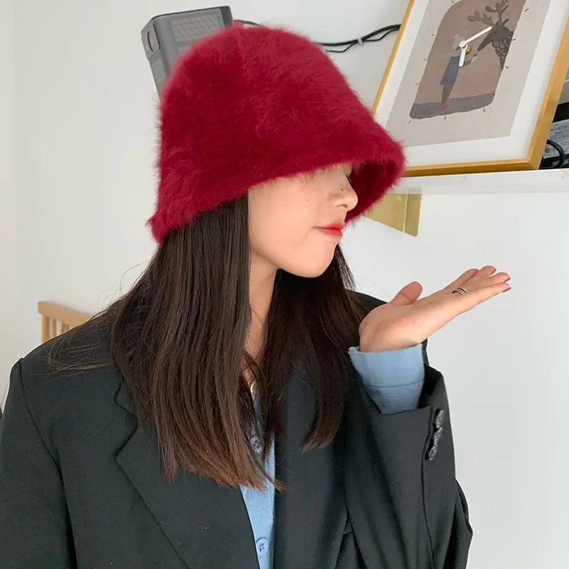 Winter Women Solid Color Fur Hat Bucket Cap Fisherman Hat Bucket Hat