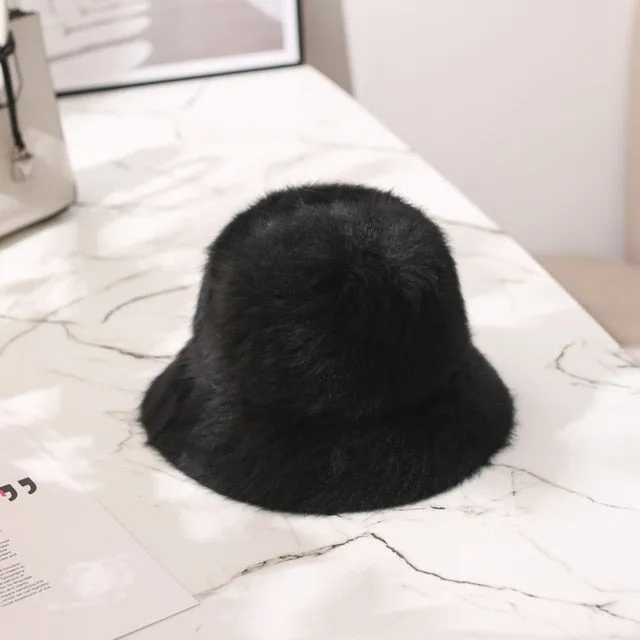 Winter Women Solid Color Fur Hat Bucket Cap Fisherman Hat Bucket Hat