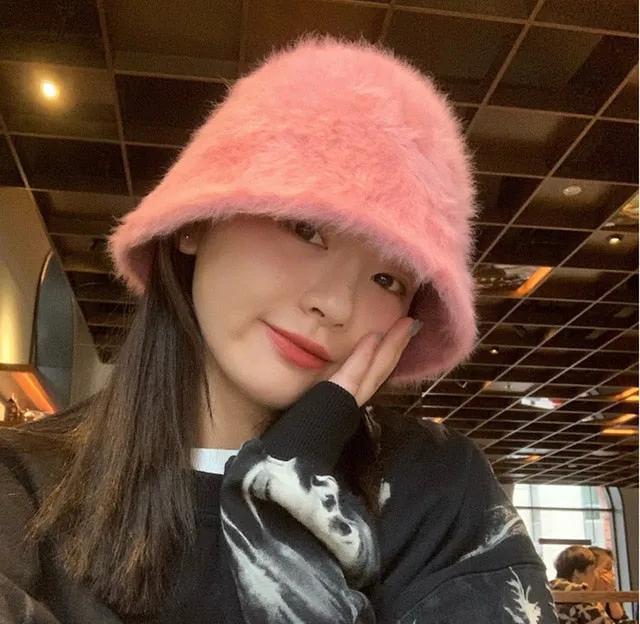 Winter Women Solid Color Fur Hat Bucket Cap Fisherman Hat Bucket Hat