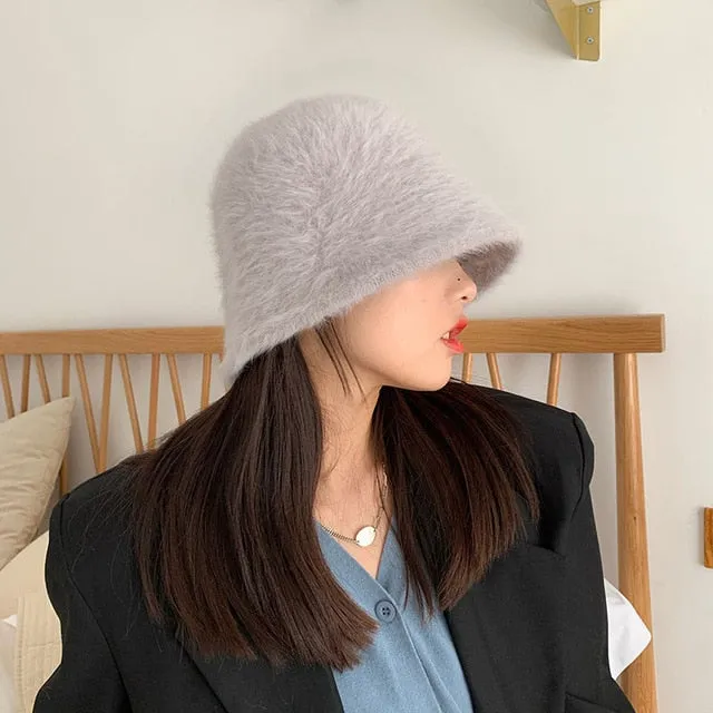 Winter Women Solid Color Fur Hat Bucket Cap Fisherman Hat Bucket Hat