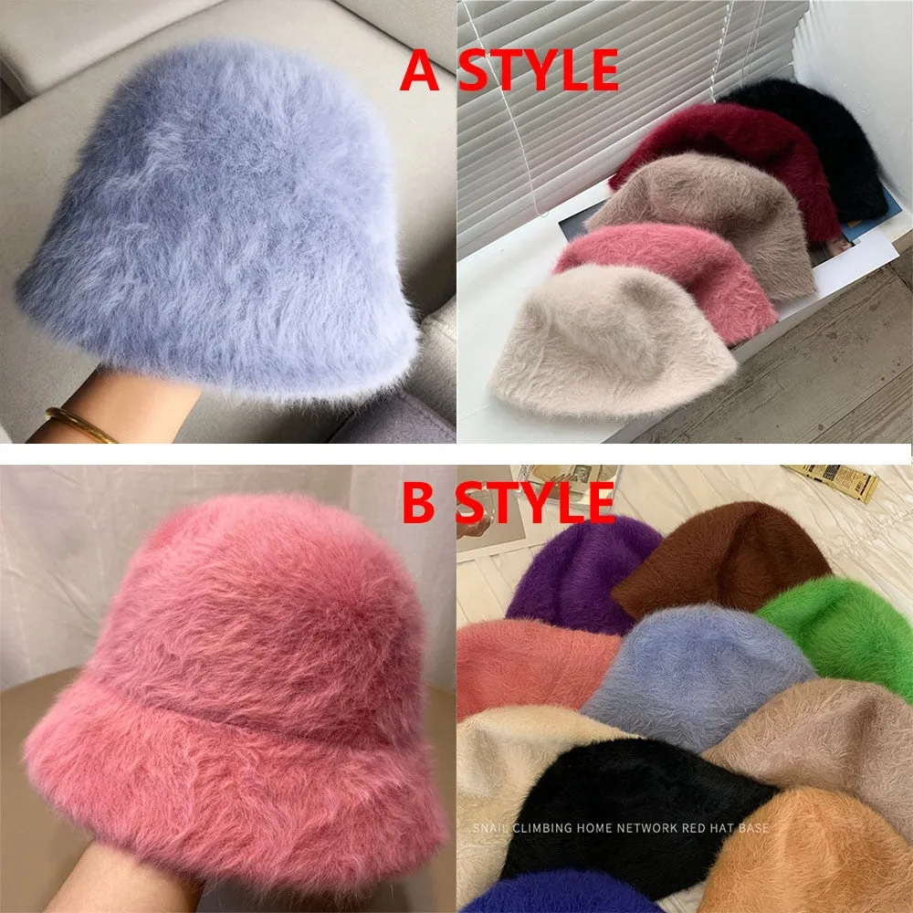 Winter Women Solid Color Fur Hat Bucket Cap Fisherman Hat Bucket Hat