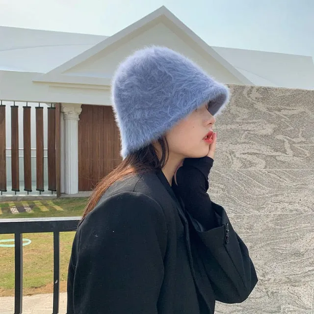 Winter Women Solid Color Fur Hat Bucket Cap Fisherman Hat Bucket Hat