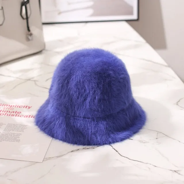 Winter Women Solid Color Fur Hat Bucket Cap Fisherman Hat Bucket Hat