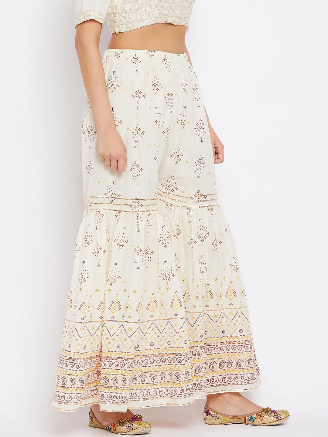 Women Off-White Printed Cotton Gharara