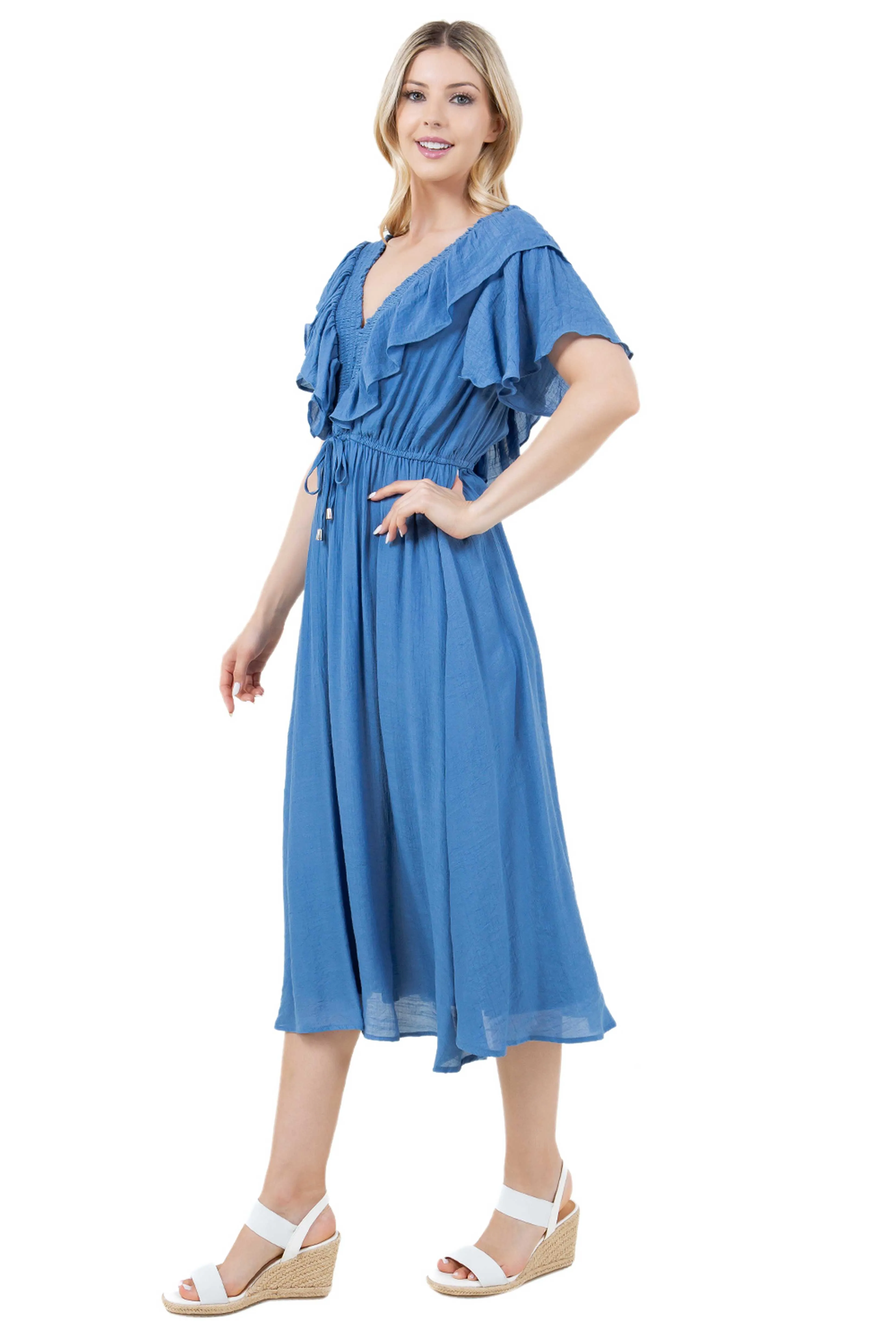 Women's Casual Resort Wear V Shaped Neckline Smocked Ruffled Empire Dress Mid Length with Drawstring Waist