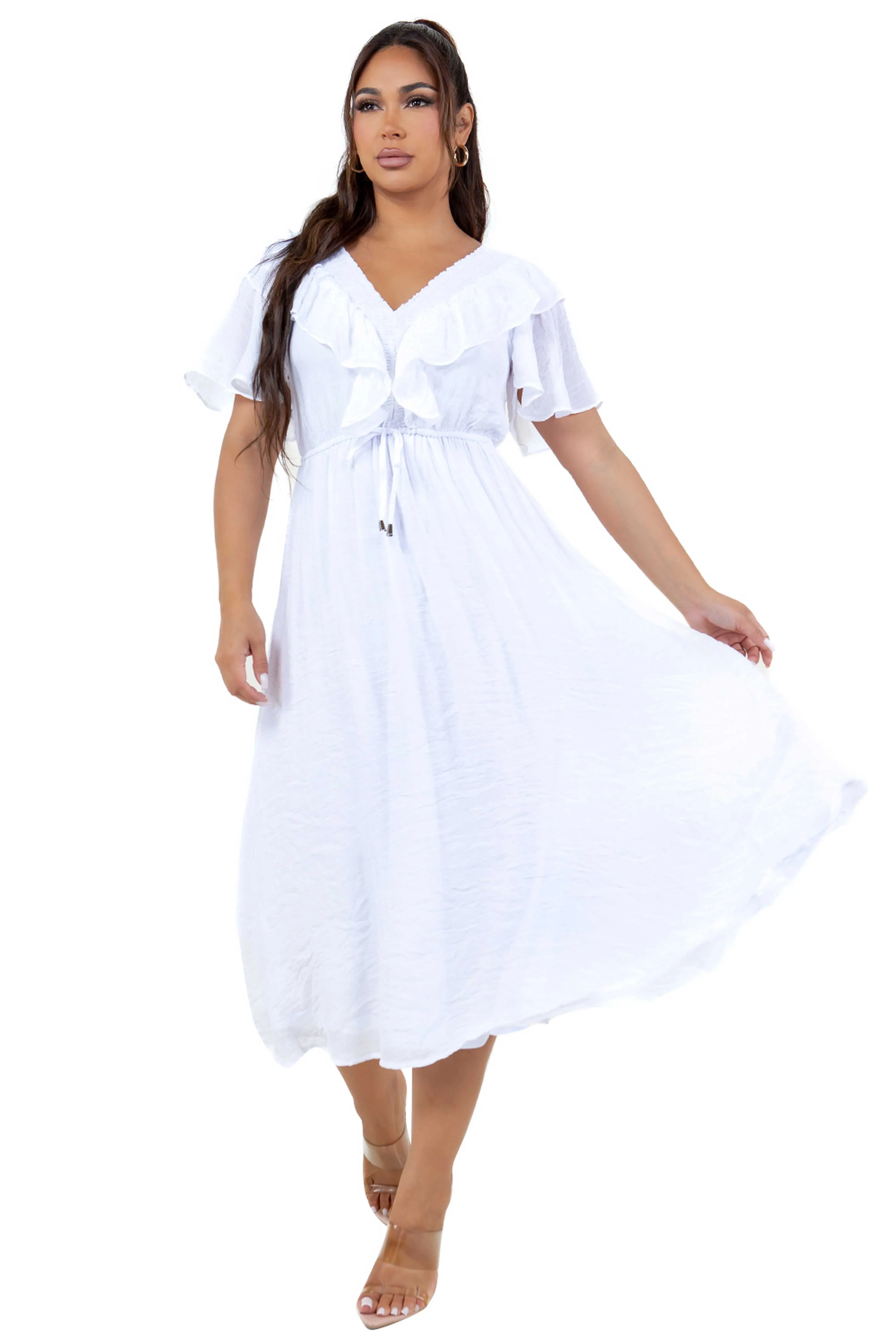 Women's Casual Resort Wear V Shaped Neckline Smocked Ruffled Empire Dress Mid Length with Drawstring Waist