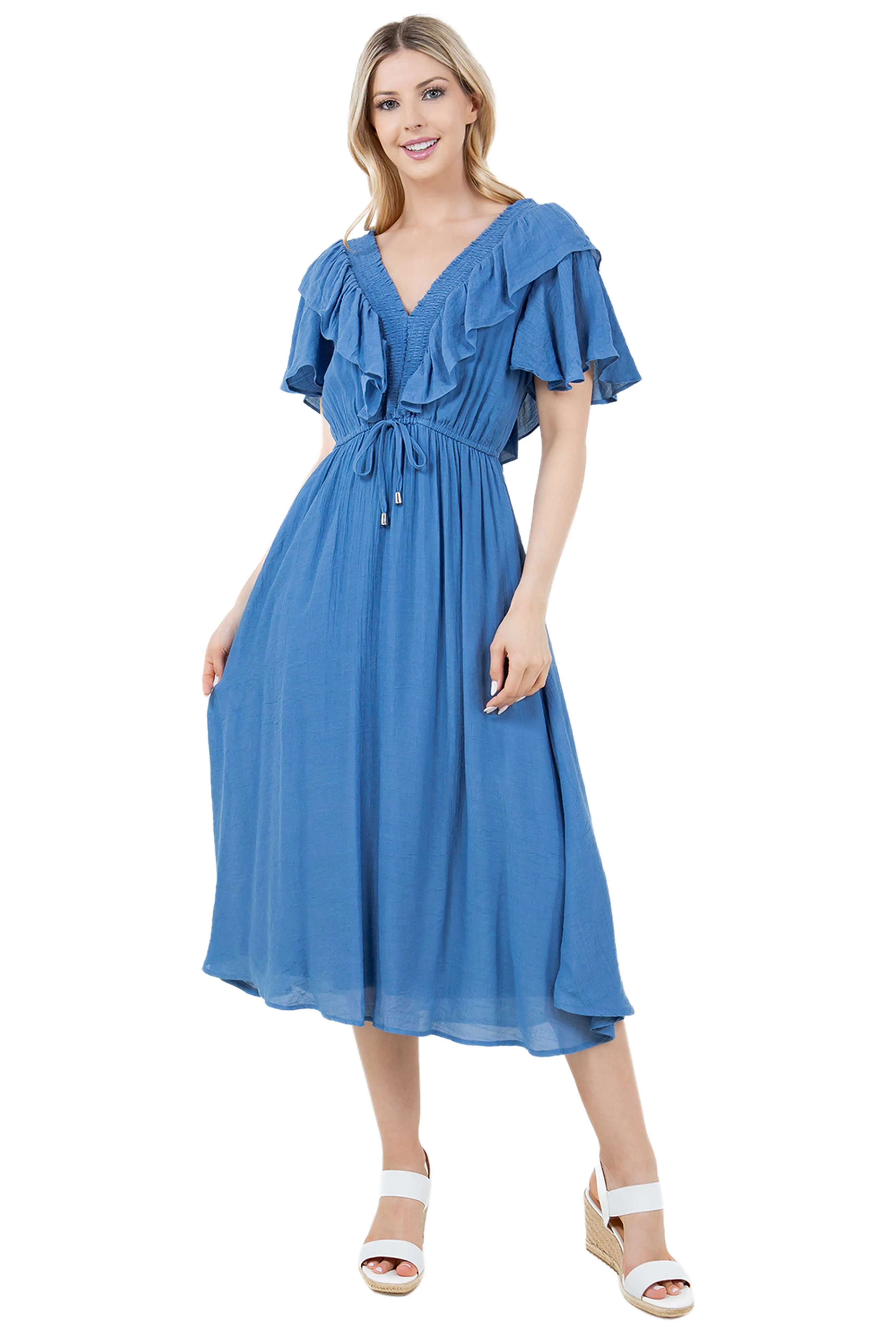 Women's Casual Resort Wear V Shaped Neckline Smocked Ruffled Empire Dress Mid Length with Drawstring Waist