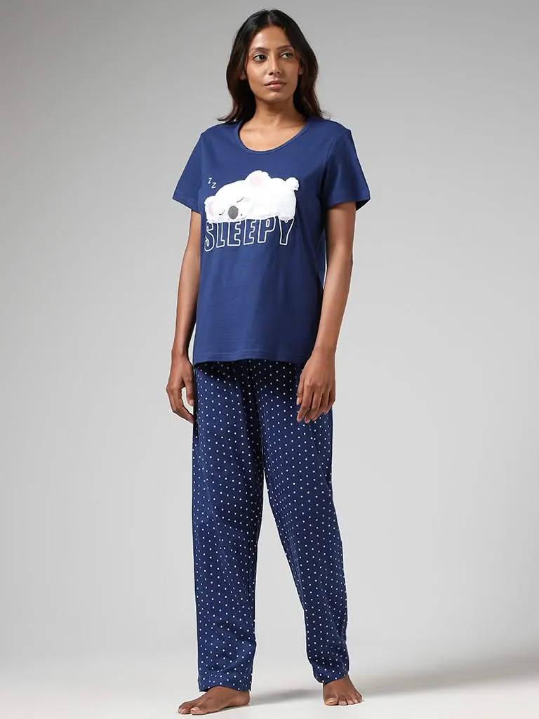 Wunderlove Navy Embroidered Pyjamas Set In A Bag